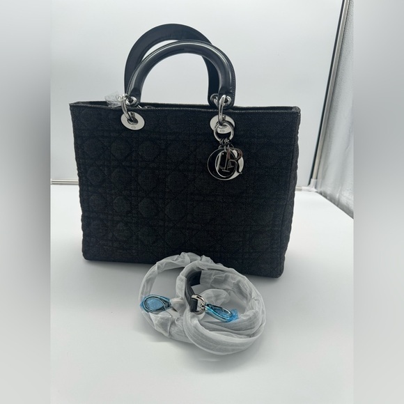 Lady Dior Denim Cannage Quilted Top Handle Bag Denim - Large Size - Picture 2 of 10